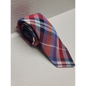 Tommy Hilfiger Men’s Silk Tie Red Navy Blue Tartan Plaid Classic Necktie
